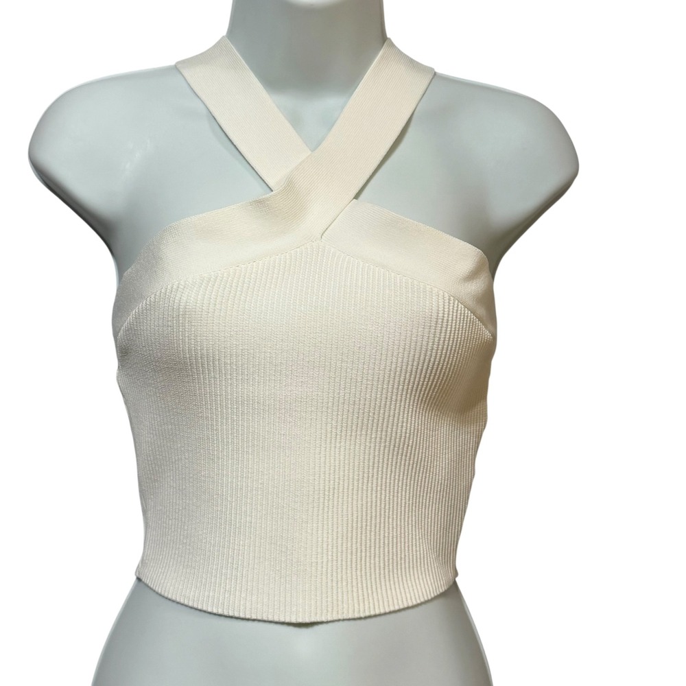 Babaton White Sculpt Knit Cross Front Halter Top Ribbed Cropped Tank Medium